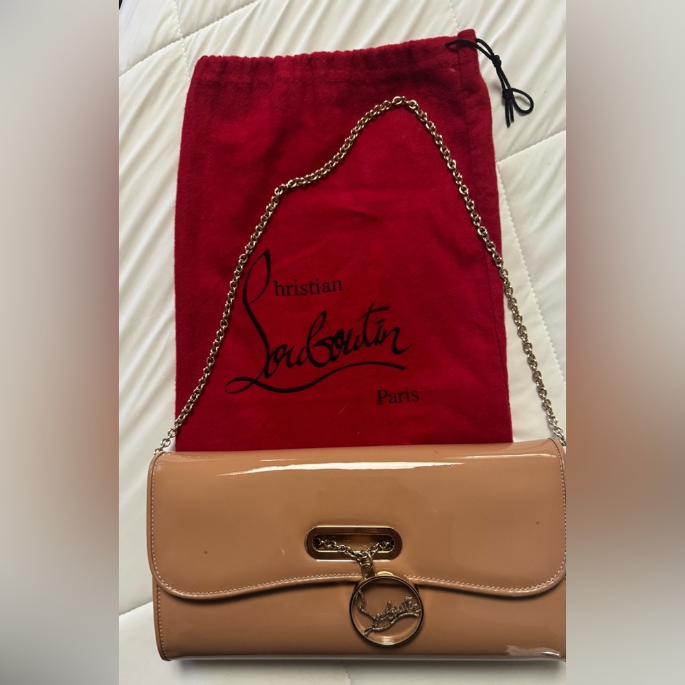 Christian Louboutin Nude Patent Leather Clutch with Gold Chain